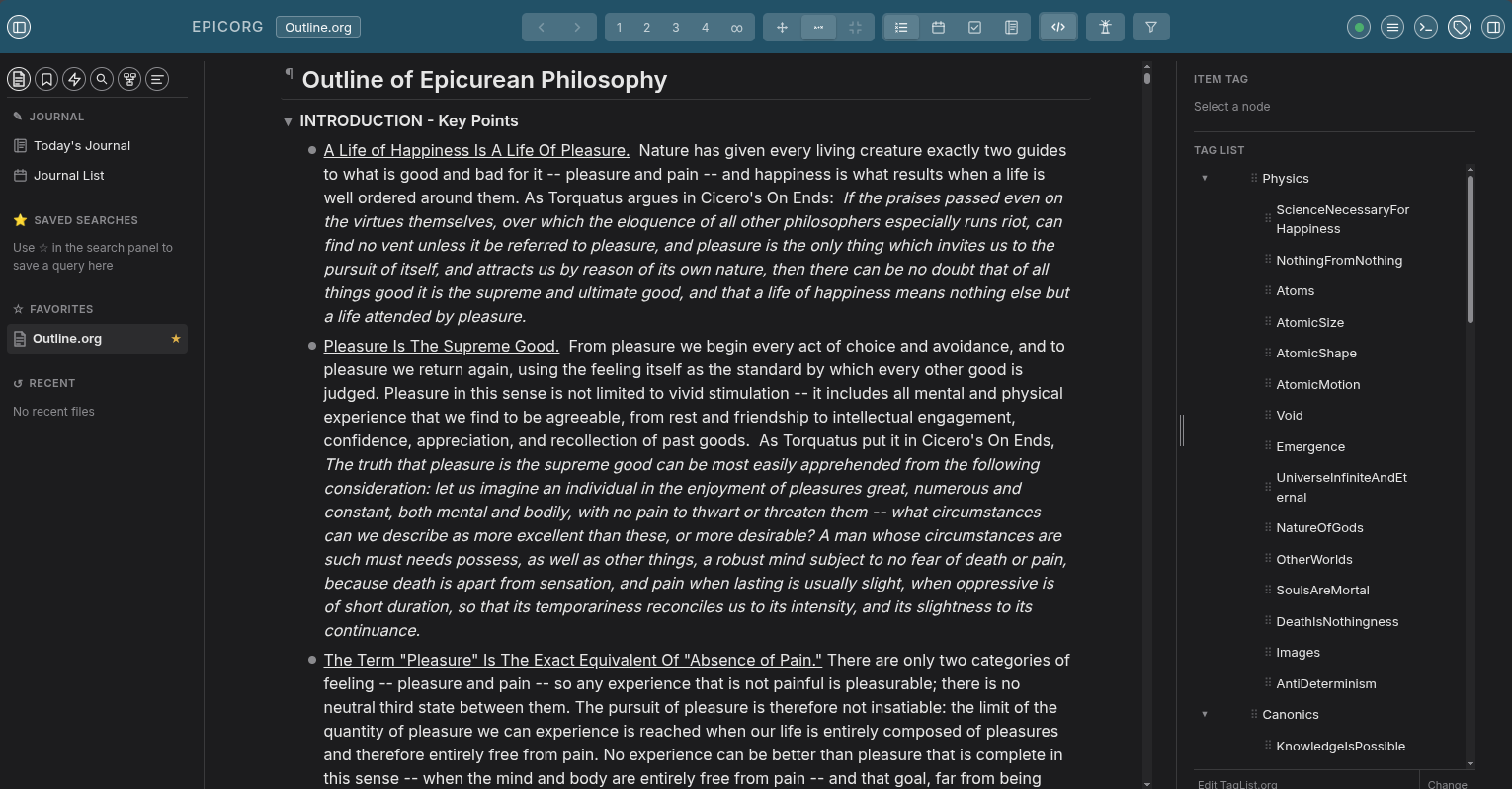 The EpicOrg outline editor, showing the Introduction section of the working outline with its tag panel open